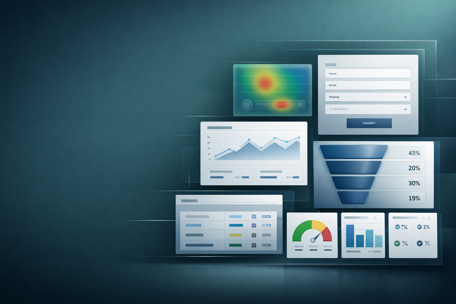 フォームUI、分析ダッシュボード、リード品質ファネルを組み合わせたFormOps AIの抽象モックアップ